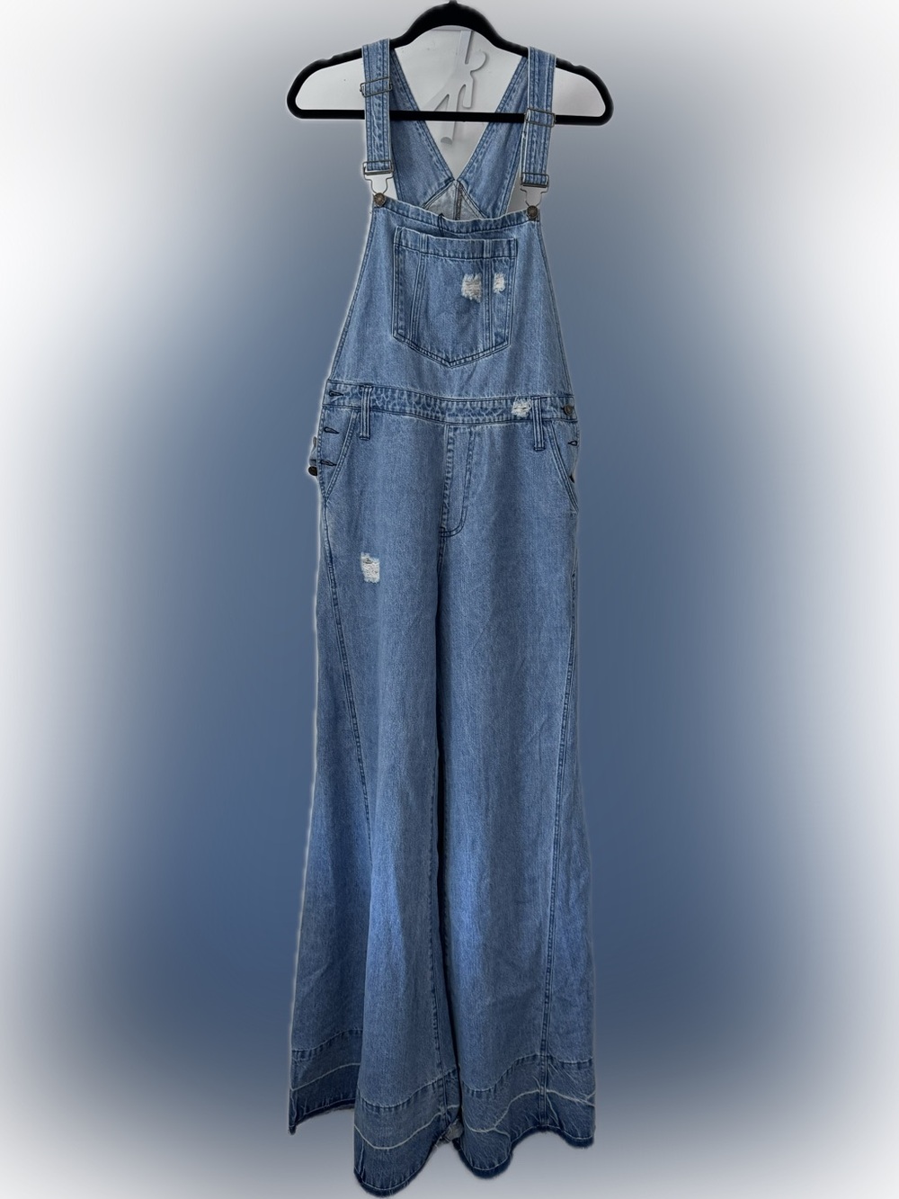 Super Wide-Leg Bell Bottom Distressed Overalls - Light Denim Blue